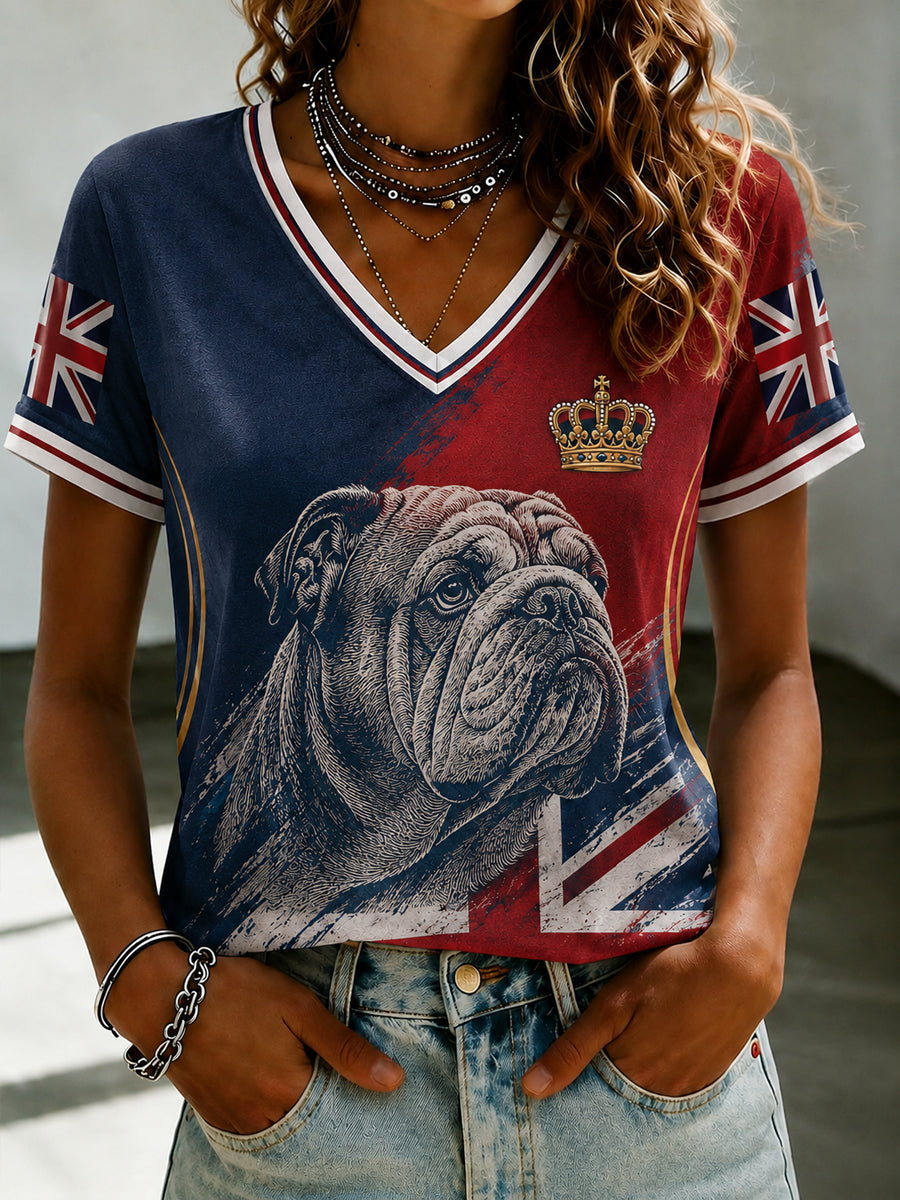 Women's British Style Printed V-neck T-shirt