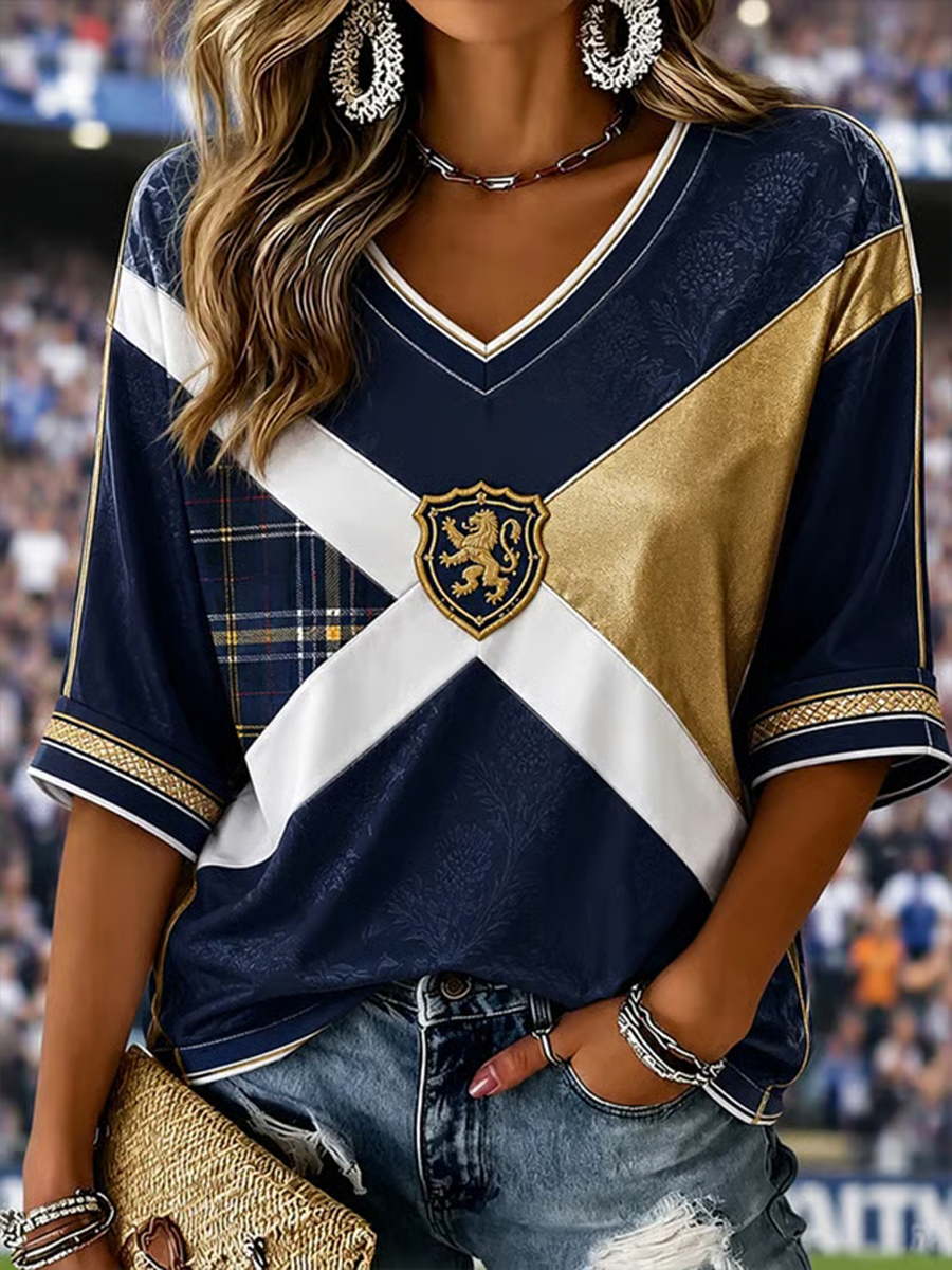 Women's Scotland Printed Mid-length Sleeves V-Neck T-Shirt