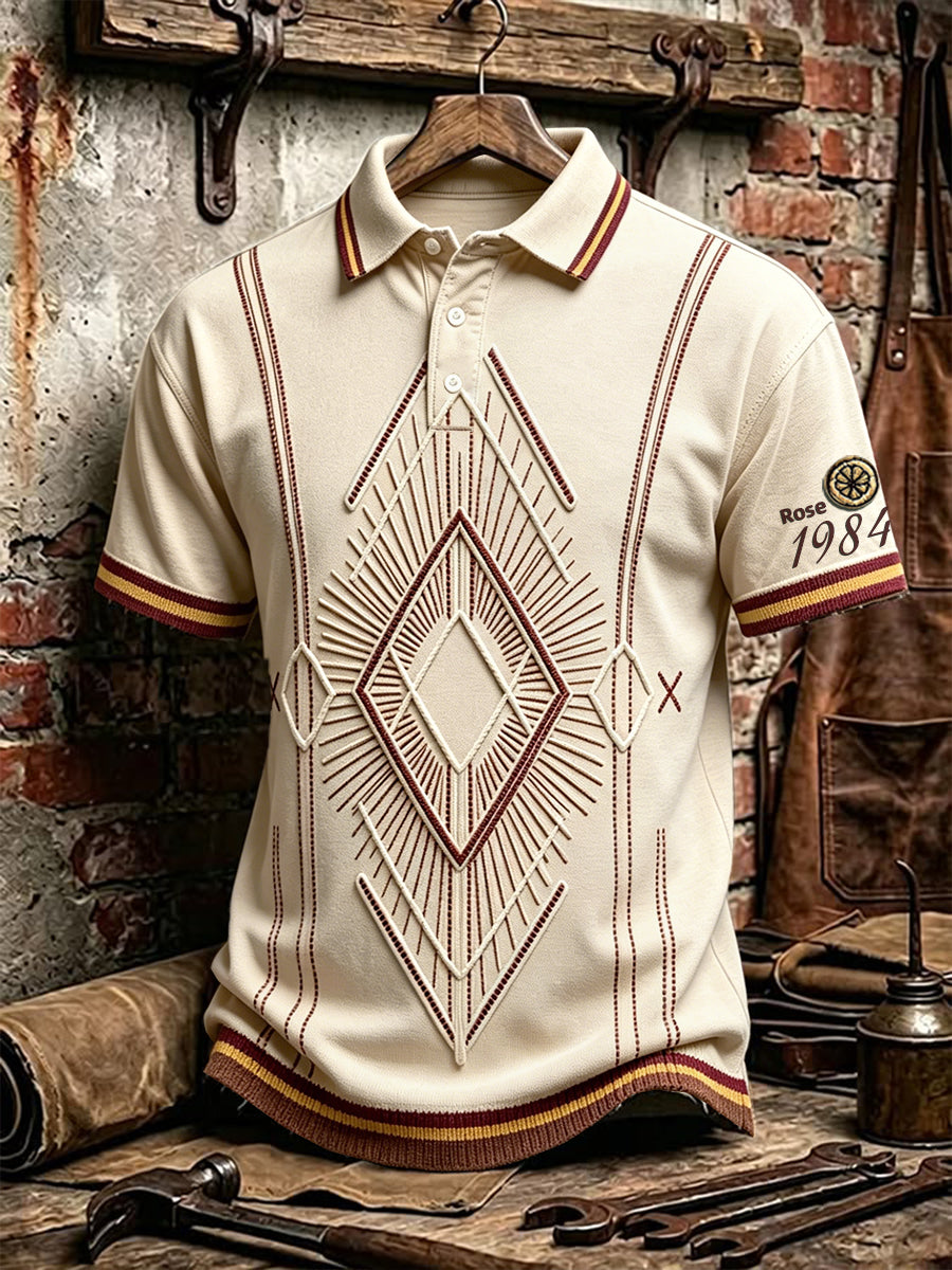 Men’s Vintage Off-White British Stone Roses Band Textured Print Casual Polo Shirt