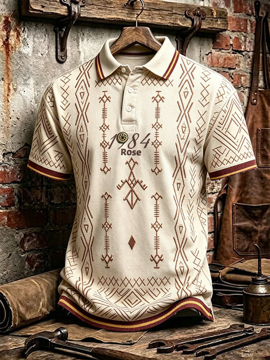 Men’s Vintage British Stone Roses Band Textured Print Casual Polo Shirt