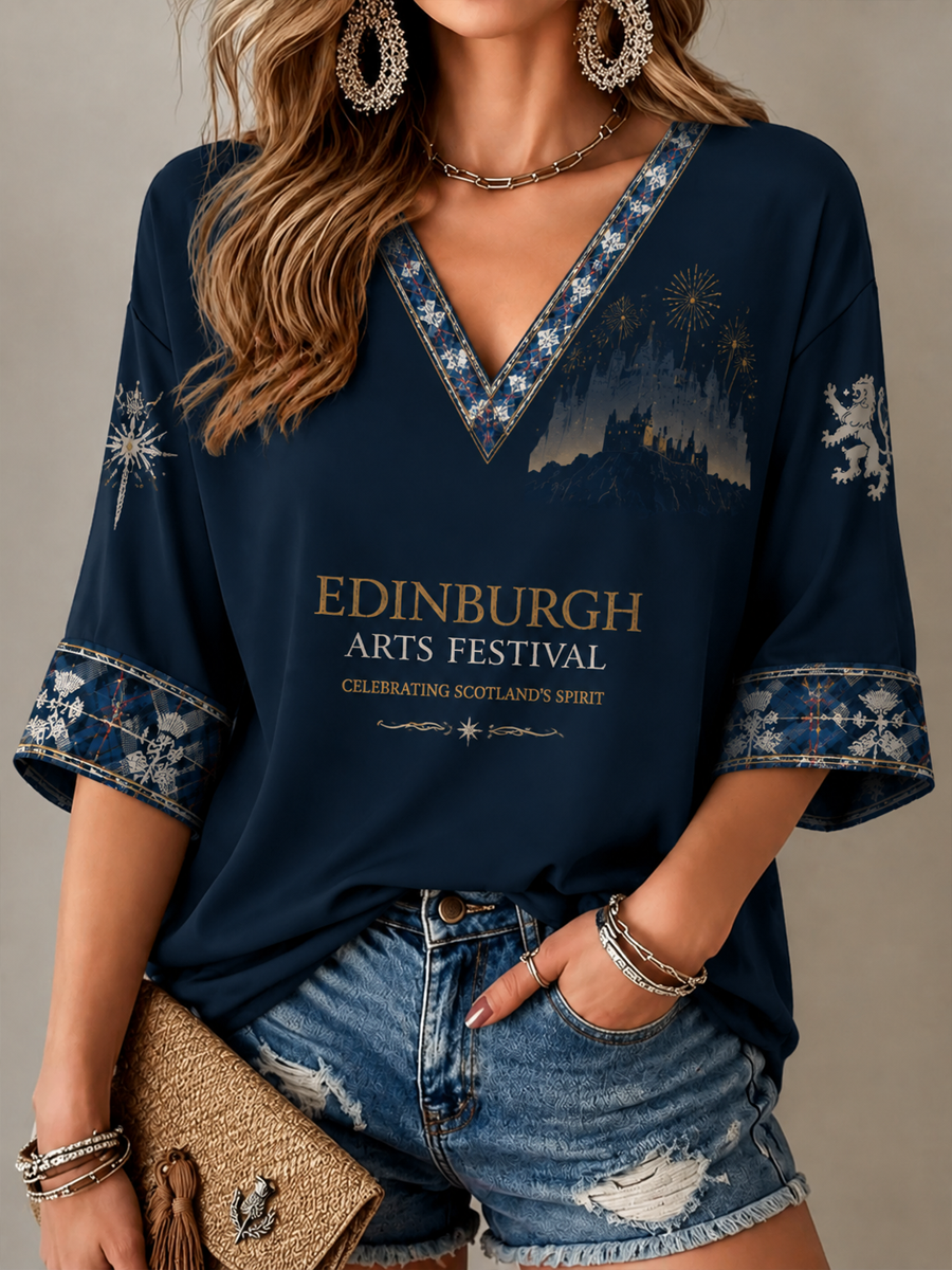Women's Edinburgh City Proud Art Printed Mid-length Sleeves V-Neck T-Shirt