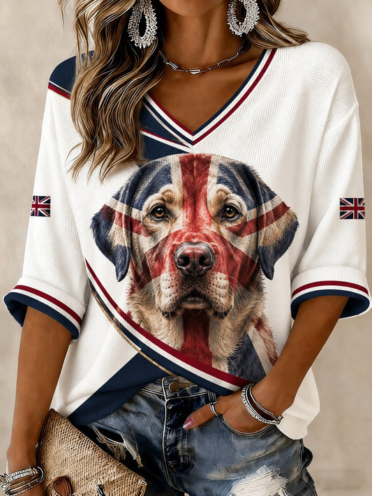 Women's British Labrador Printed Mid-length Sleeves V-neck T-shirt