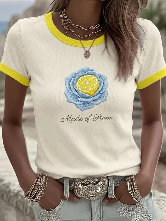 Women's Lemon Roses Music Lover Printed short-sleeved T-shirt