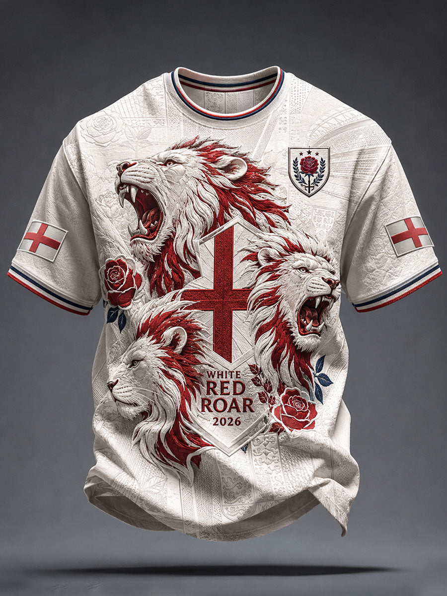 Men's England Football Lover Lions Roses Art Printed T-shirt