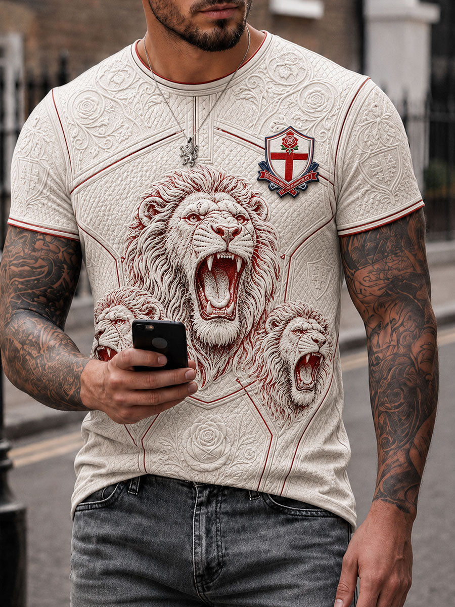 Men's England Football Lover Lions Roses Art Printed T-shirt