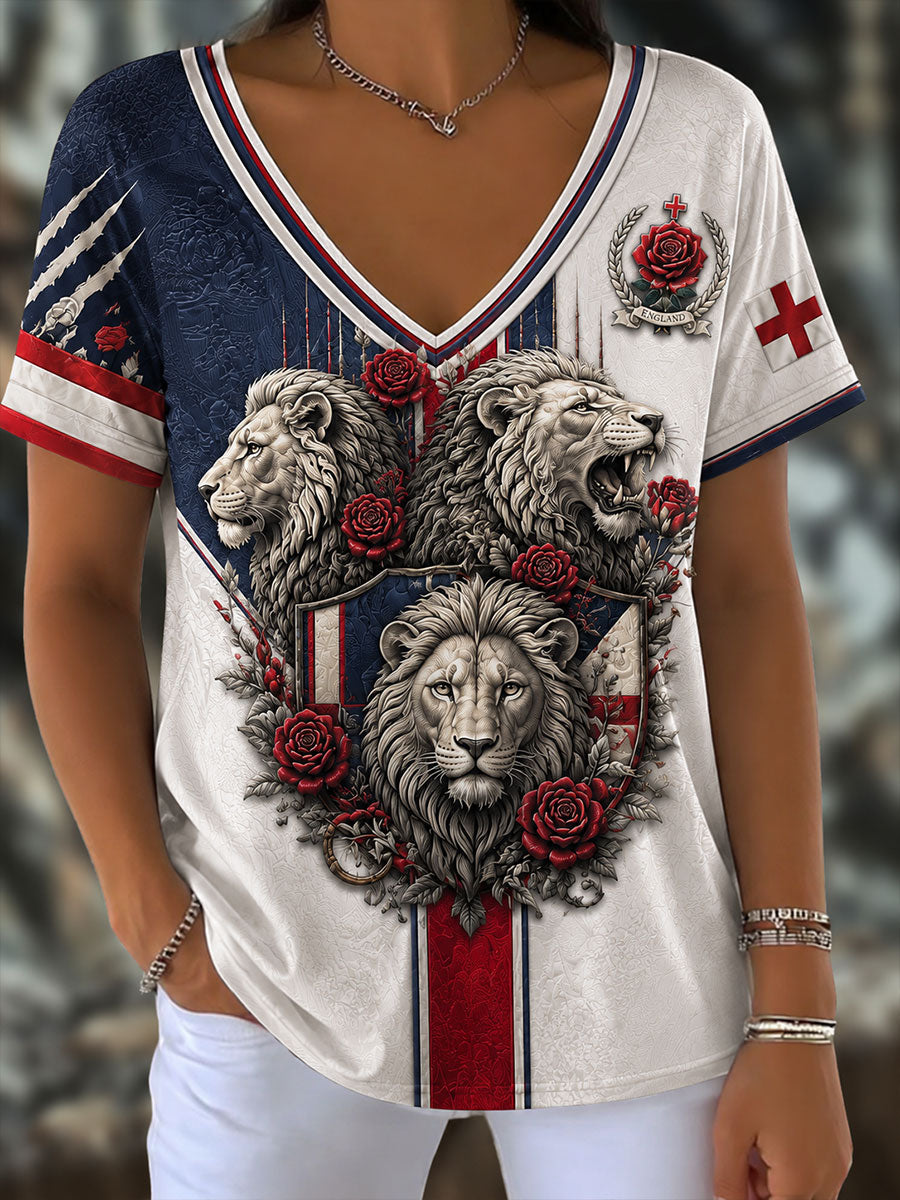 Women's England Football Lover Lions Roses Art Printed T-shirt