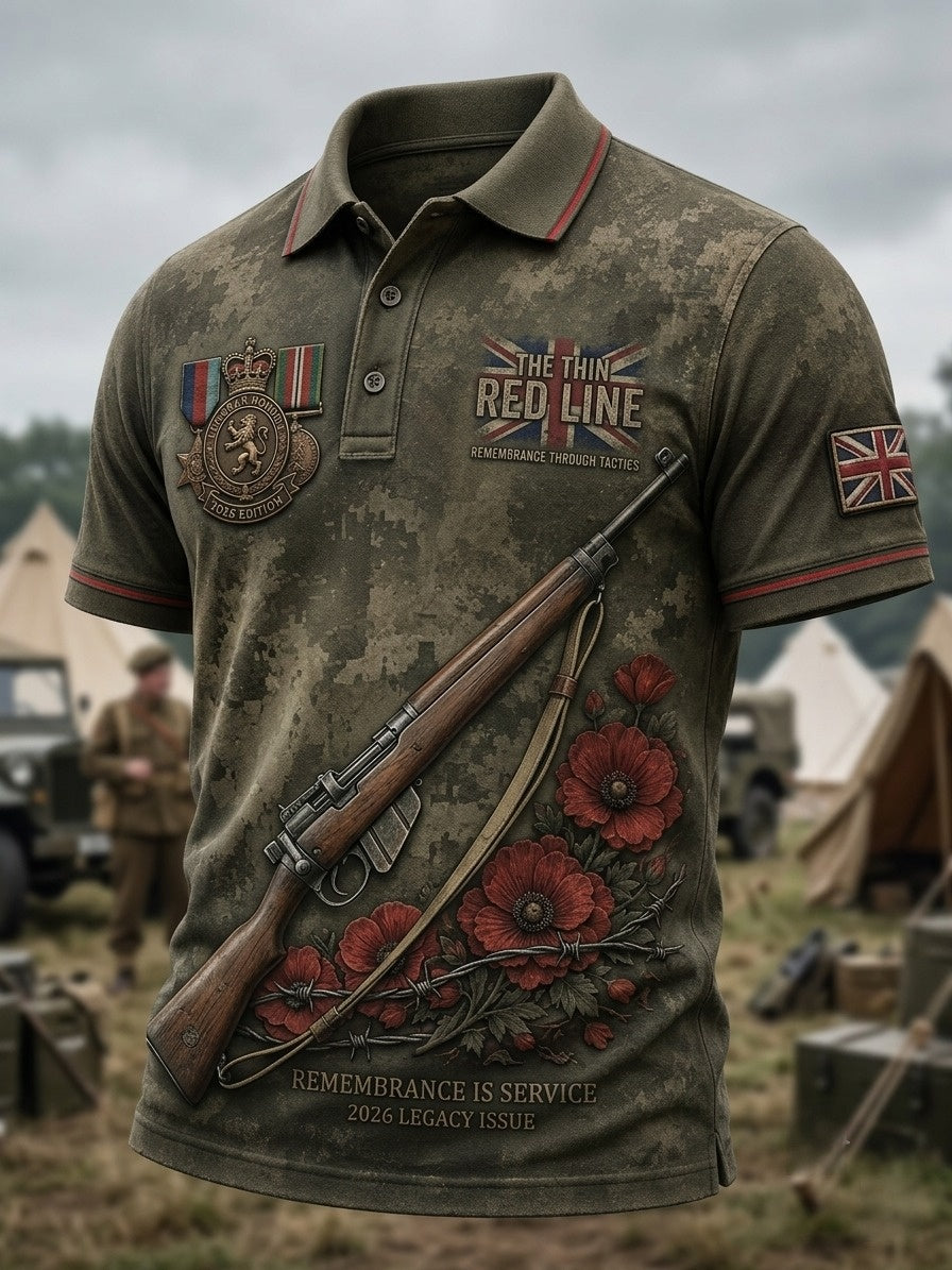 Men's Vintage Military-Style Graphic Short-Sleeve Polo Shirt