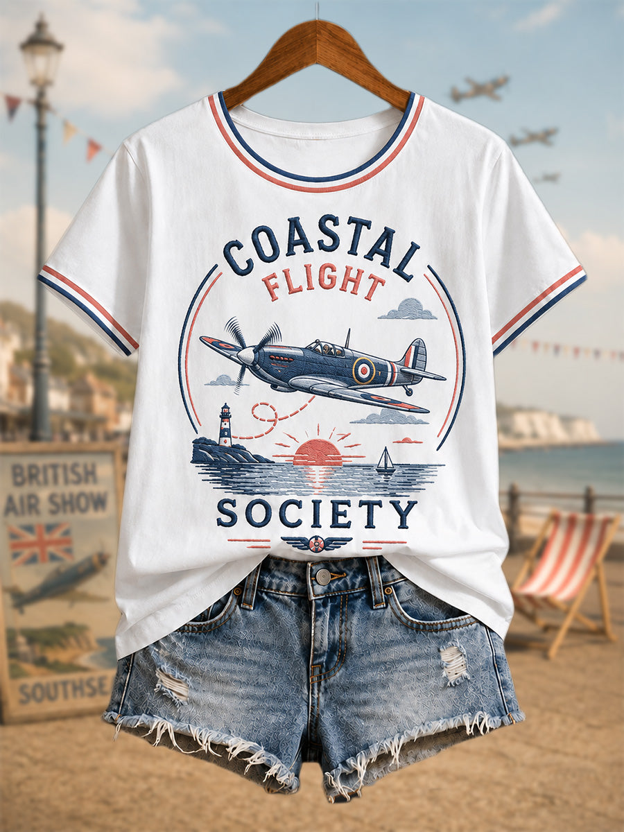 Women's Vintage Coastal Aviation Print Casual Tee