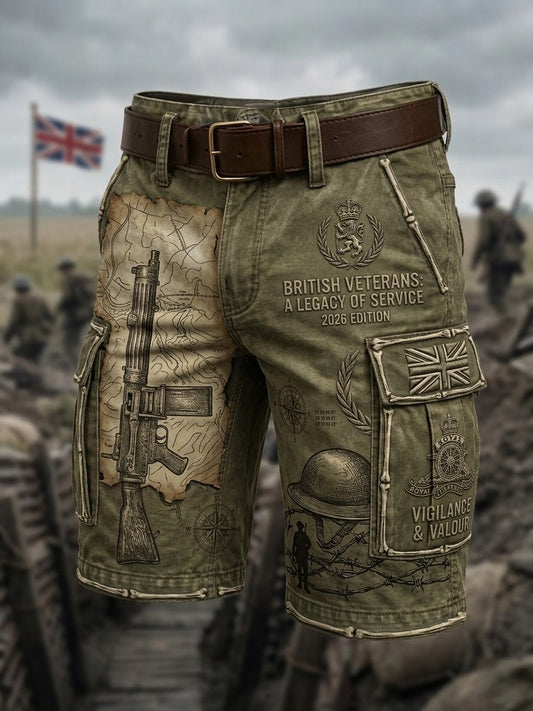 Men's Vintage Military-Style Print Cropped Cargo Pants