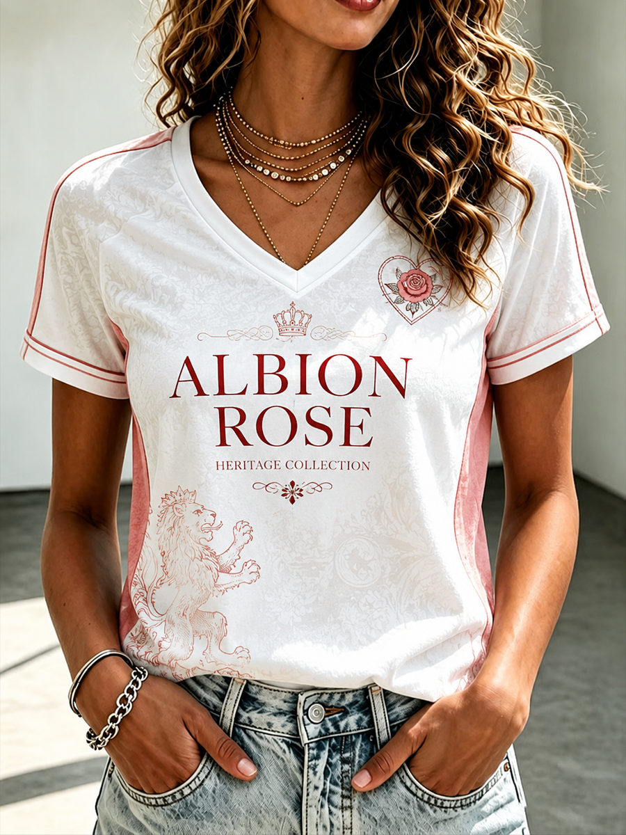 Women's England Printed V-neck off-shoulder short-sleeved T-shirt