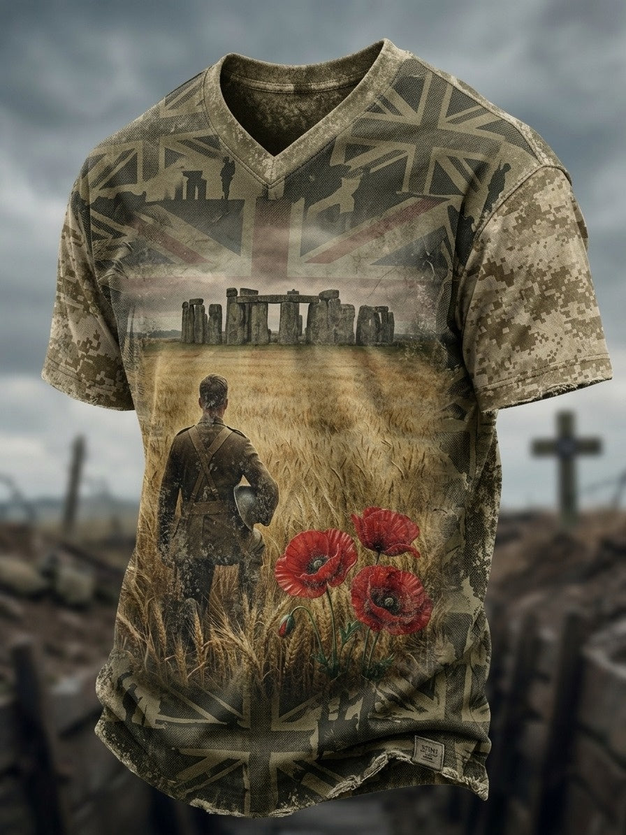 Men's Veteran Memorial Graphic Print V-Neck T-Shirt