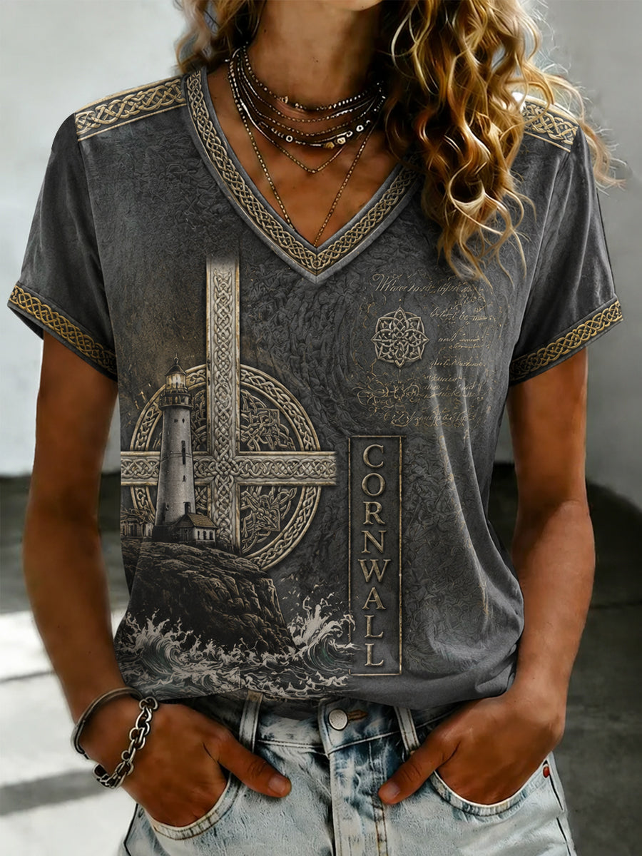 Women's Cornish Celtic-style Printed V-neck T-shirt