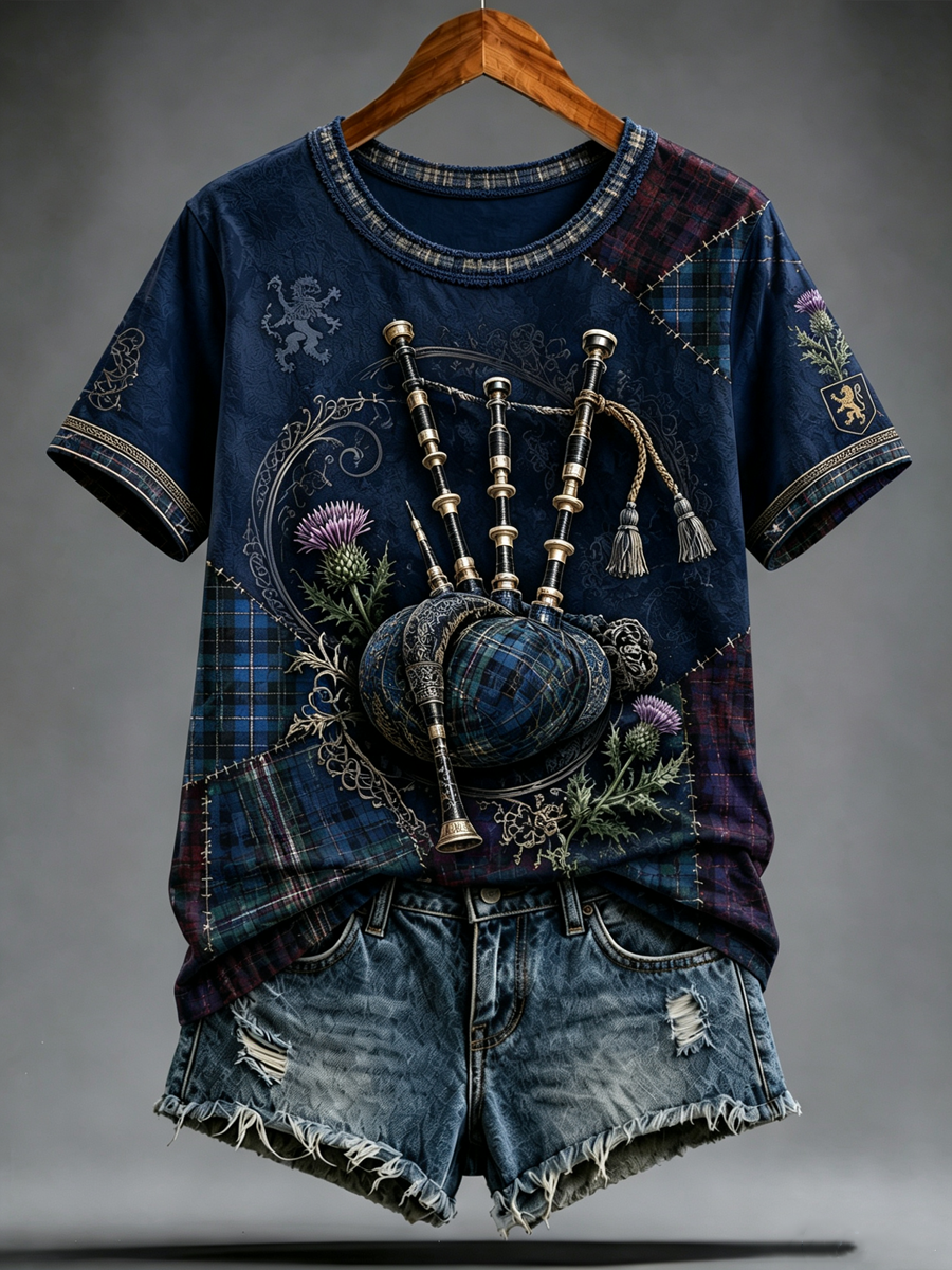 Women's Scottish bagpipe print short-sleeved T-shirt