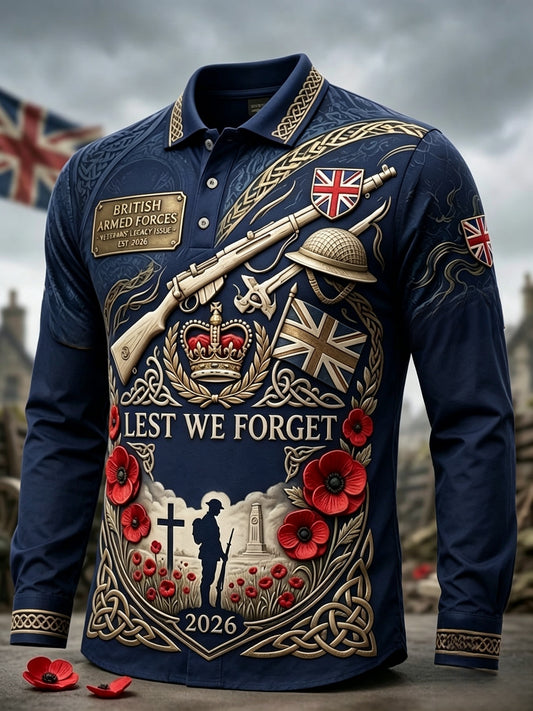 Men's British Veteran Print Long-Sleeve Polo Shirt
