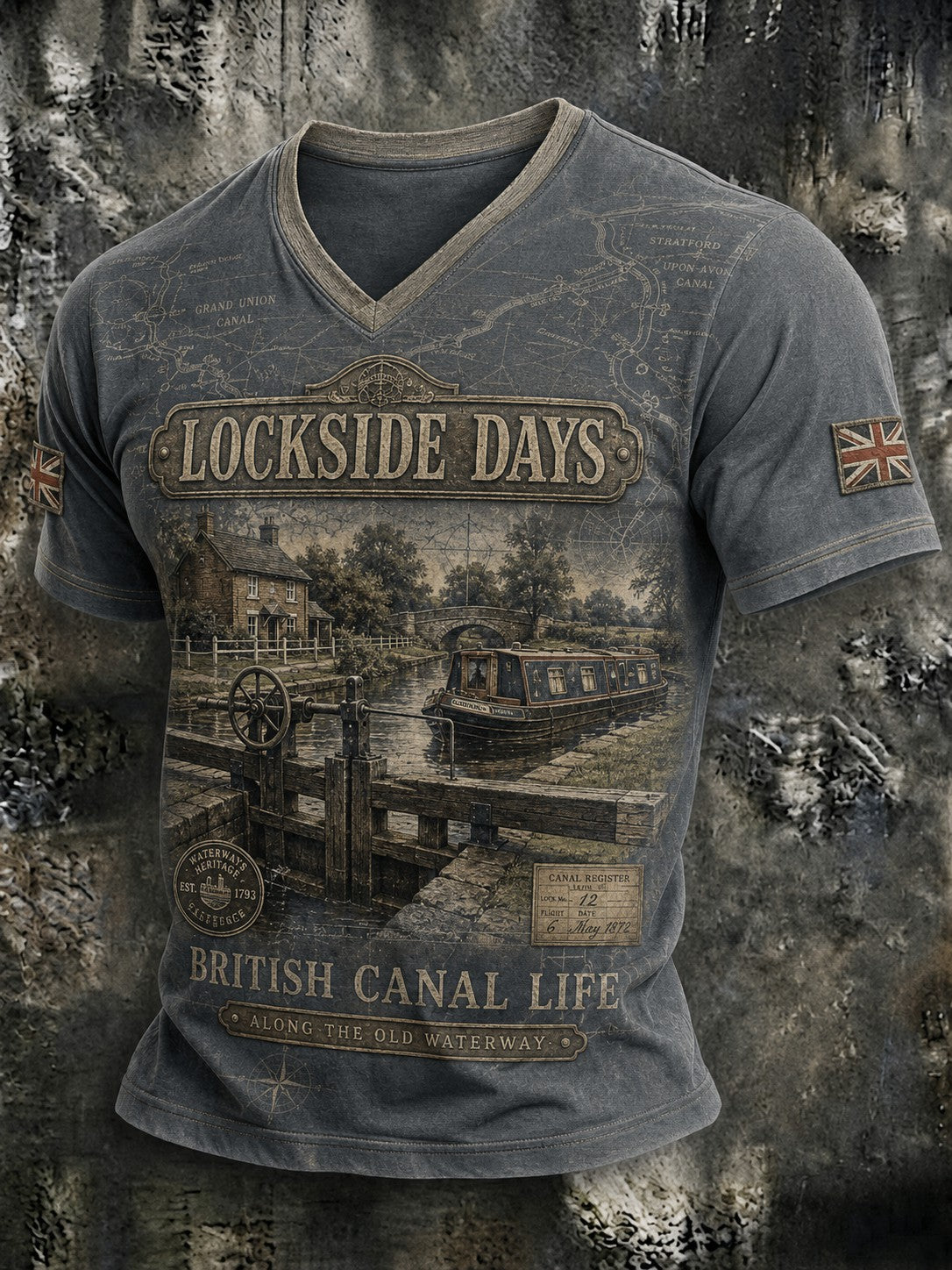Men's Lockside Days British Canal Life Printed V-neck T-shirt