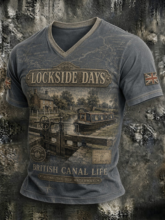 Men's Lockside Days British Canal Life Printed V-neck T-shirt