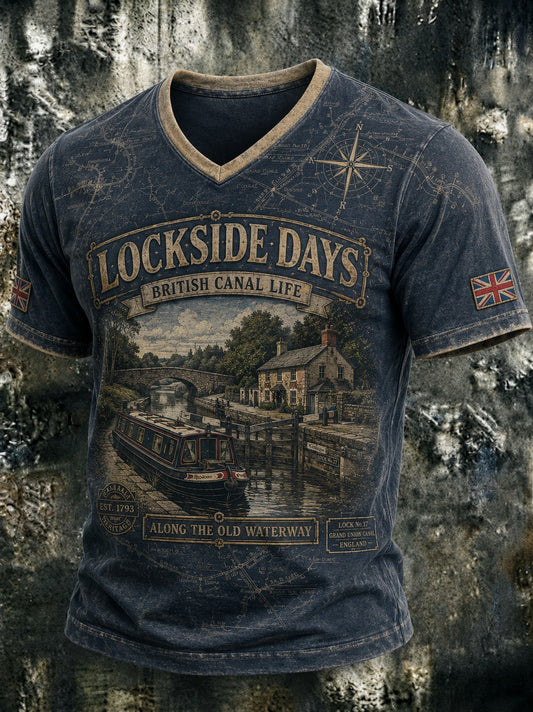 Men's Lockside Days British Canal Life Printed V-neck T-shirt