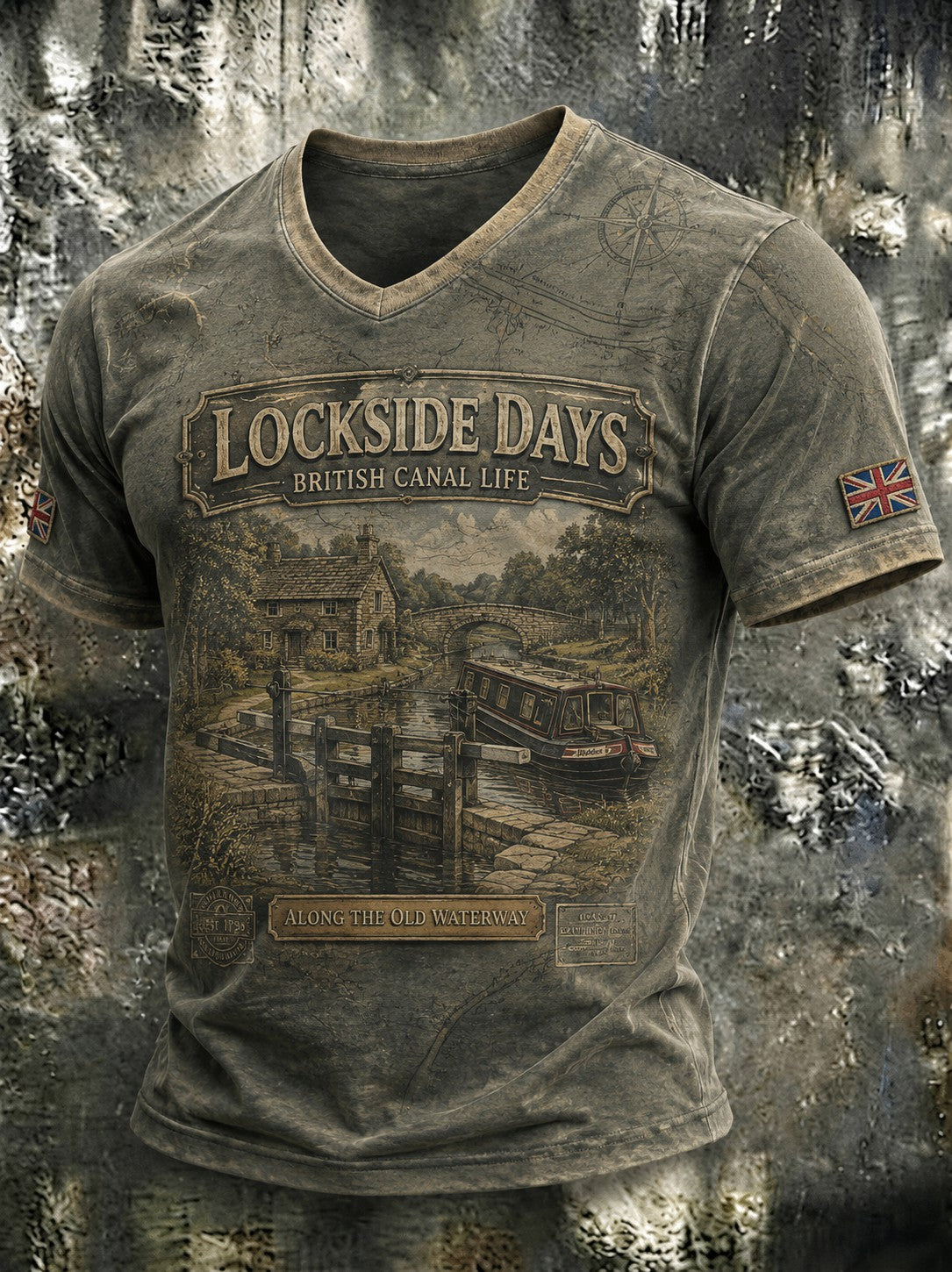 Men's Lockside Days British Canal Life Printed V-neck T-shirt