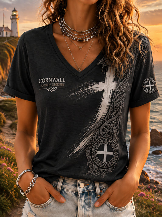 Women's Cornish Celtic-style Printed V-neck T-shirt