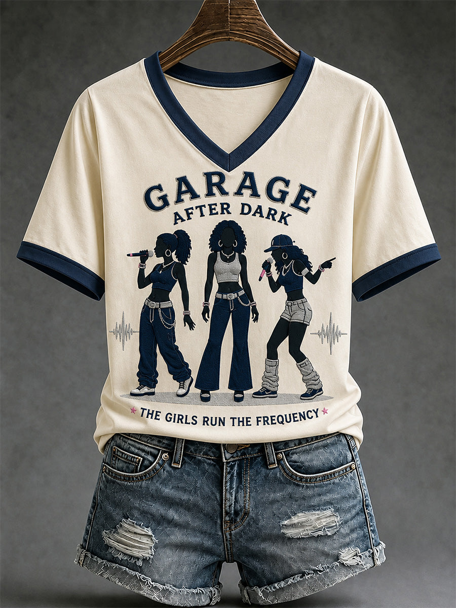 Women's Y2K UK Garage Girl Trio Print Casual V-Neck Tee