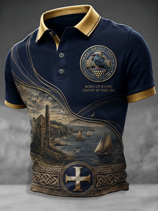 Men's Vintage Cornwall Arthur Legend Print Polo Shirt
