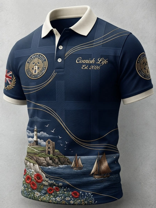 Men's Vintage Cornwall Arthur Legend Print Polo Shirt