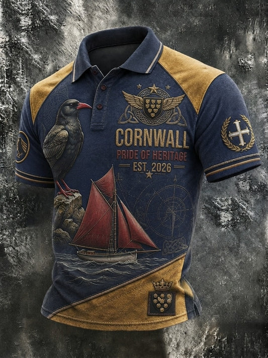 Men's Vintage Cornwall Arthur Legend Print Polo Shirt