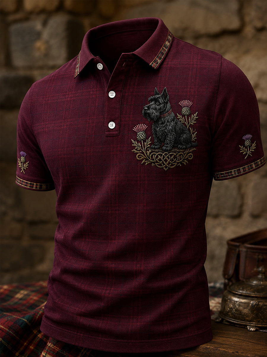 Men’s Scottish Highland Terrier Thistle Plaid Trim Polo Shirt