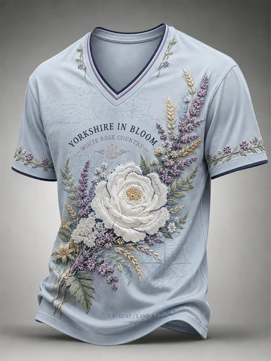 Men's Yorkshire Day White Roses Art Printed V-neck T-shirt