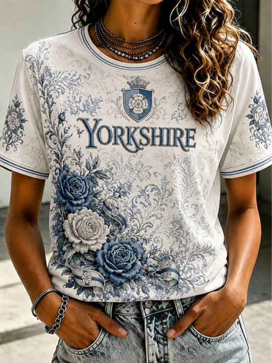 Women's Yorkshire Day White Roses Art Printed short-sleeved T-shirt