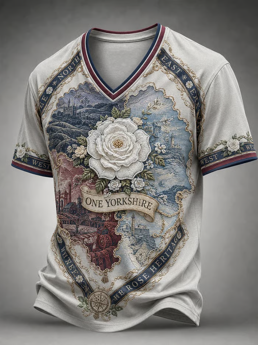 Men's Yorkshire Day White Roses Art Printed V-neck T-shirt