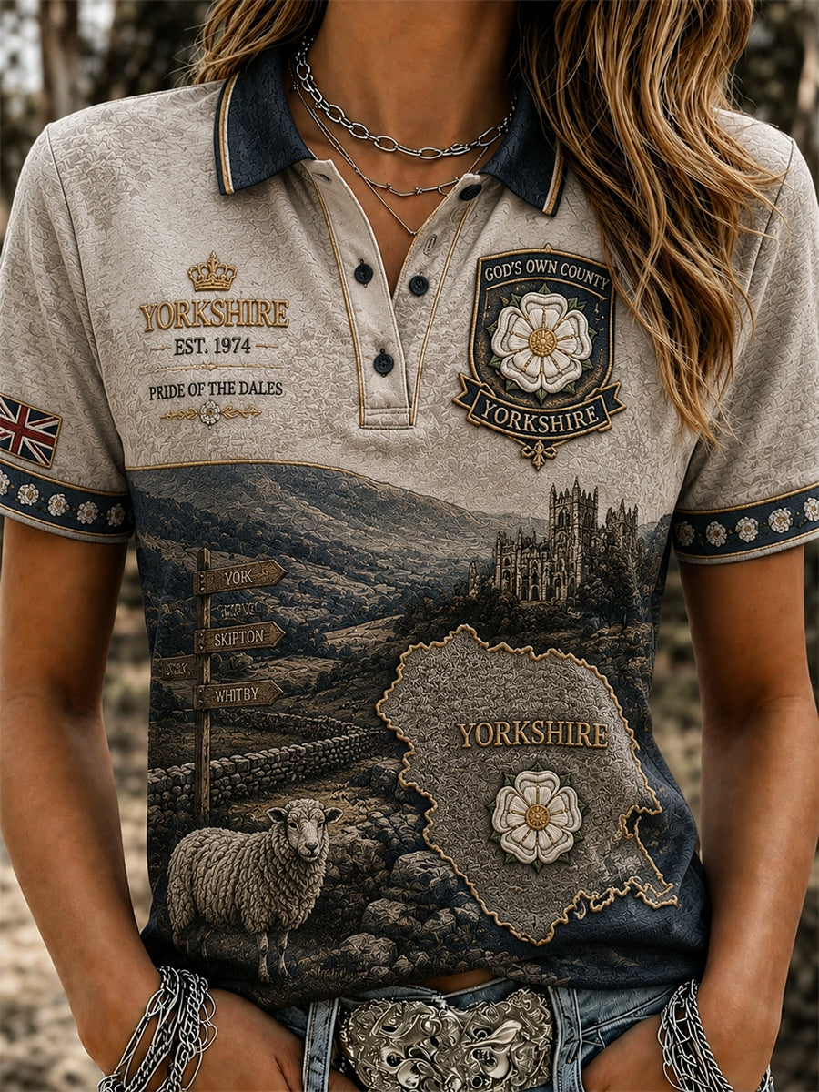 Women's England Yorkshire Day White Roses Art Printed  Polo Shirt
